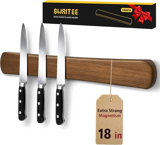 Magnetic Knife Holder, 18 Inch Acacia Wood Knife Strip for Wall or Fridge | Fridge Magnetic or Screw-Mounted, Strong Magnet Secures More Knives, Space-Saving, Kitchen Knife Storage, Housewarming Gift by SWAITEE