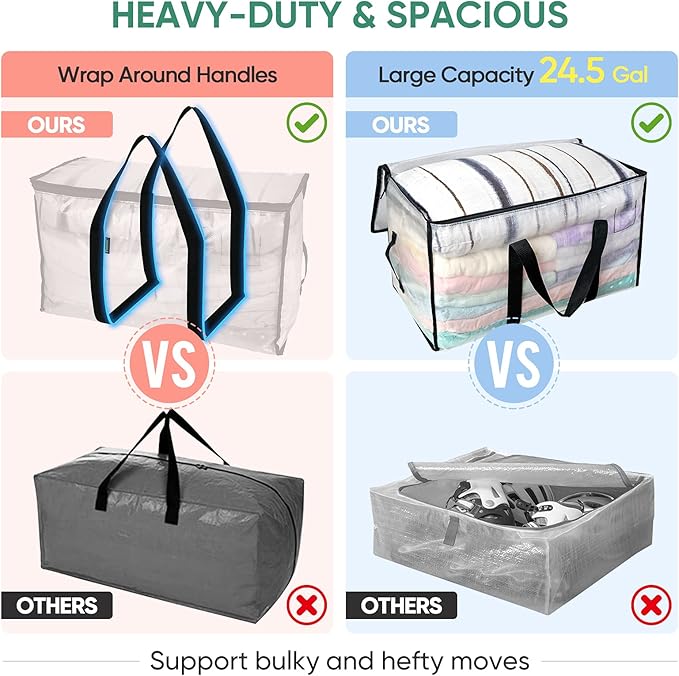 BALEINE 2-Pack Oversized Moving Bags with Reinforced Handles, Heavy-Duty Storage Tote for Clothes, Moving Supplies (Clear, 2-Pack) - Image 4
