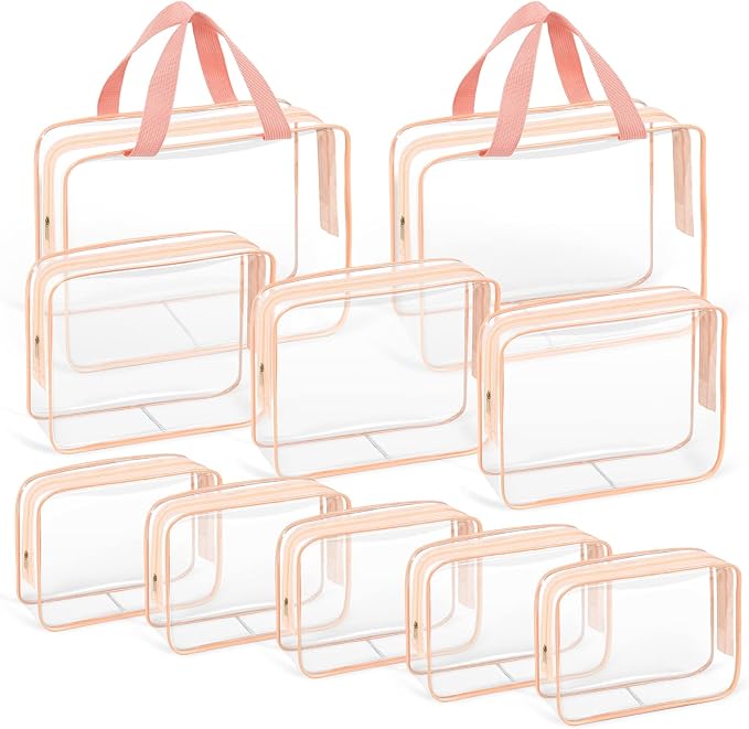 TISRATOK 10 PCS Clear Travel Bags for Toiletries, Clear Makeup Bags （Pink） | 3 Size plastic clear bags with zipper handbag, TSA approved cosmetic pouch for travel, swimsuit,toy storage bags by TISRATOK