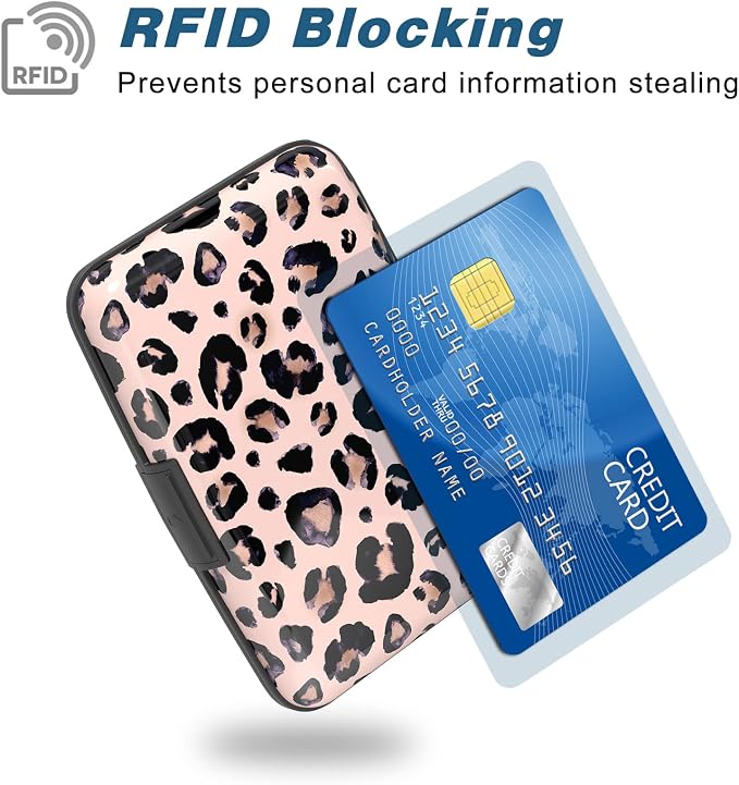 Credit Card Holder, Mini Aluminum Card Wallet RFID Blocking Slim Metal Hard Card Case for Women Men, Pink Leopard - Image 2