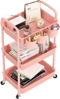 MOYIPIN 3-Tier Plastic Rolling Utility Cart with Handle,Pink | Utility Storage Cart for Office, Living Room, Kitchen,Movable Storage Organizer，Easy installation，Rattan-like art design by MOYIPIN