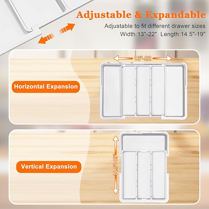 Large Utensil Drawer Organizer Expandable Silverware Organizer for Kitchen Drawer Adjustable Cooking Utensil Holder Cutlery Flatware Tray Spatula Tools Gadgets Storage Dividers Plastic White - Image 5