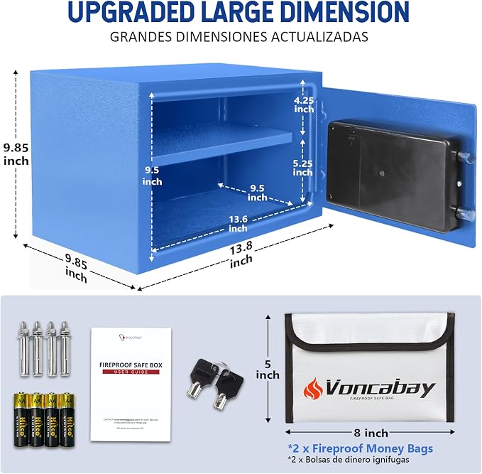 Voncabay Money Safe Box for Home with Digital Keypad, 0.8 Cu. Ft., Blue | Alloy Steel, 2 Fireproof Bags, Digital Keypad with Display, Removable Shelf, Fits A4, 13.8 x 9.85 x 9.85 In. - Image 2