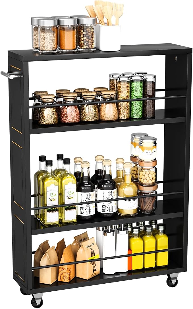 KLM 4 Tier Black Slim Storage Cart with Handle, Slide Out Storage Rolling Utility Cart for Kitchen, Laundry, Narrow Places-6.7" W - Image 8
