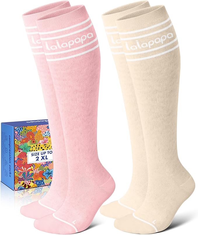 Thick Soft Cotton Compression Socks | 2 Pairs 15-20mmHg Cushioned Soft Breathable Comfortable Knee High Compression Socks for Women Men, Pregnancy Travel Nurse by Lalapapa