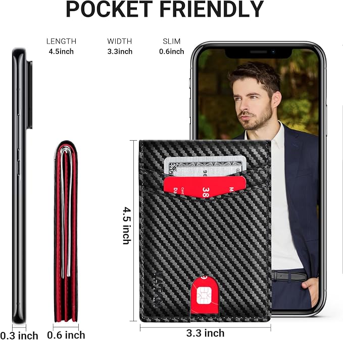 VATAN Wallet for Men Slim RFID Blocking Leather Credit Card Holder Wallet for 15 Cards, Bifold Minimalist Thin Wallet with 2 ID Windows & Cash Slot, With Gift Box(Carbon black and Red) - Image 4