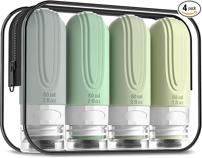 Mrsdry Travel Bottles for Toiletries, Tsa Approved 2oz Travel size Bottles, BPA Free Leak Proof Travels Toiletry Containers, Traveler Accessories with Toiletry Bag for Shampoo Liquid (4 Pack) by Mrsdry