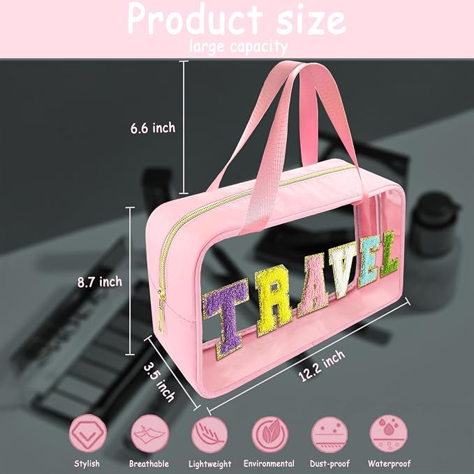 Bunliuys Chenille Letter Clear Makeup Bag Travel Patch, Travel Toiletry Makeup Bag with Handle, Nylon Waterproof Makeup Bags clear cosmetic bag, preppy patch makeup bag for Women (TRAVEL-Pink) - Image 2