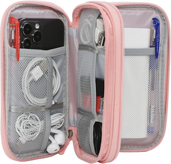 CAAORDKSO Electronic Cable Organizer Bag, Travel Electronic Accessories Carry Case Portable Waterproof Double Layers Storage Bag for Cable, Cord, Charger, Power Bank, Earphone (Light Pink, Medium) - Image 3