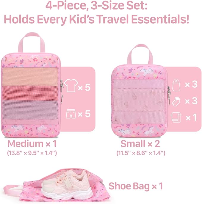 Kids Compression Packing Cubes - 4 PCS Travel Sets, Pink Unicorn | Water Resistant 4 Piece Set with Shoe Bag, Toddler Suitcase Organizer Set, Expandable Storage for Luggage - Image 3
