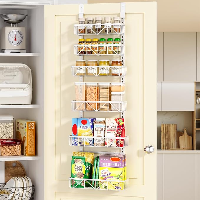 Delamu White Narrow 6-Tier Over the Door Pantry Organizer, Adjustable Metal Hanging Spice Rack, Cabinet Door Organizer for Kitchen, Bathroom, Laundry Room, 12.5 - Image 7