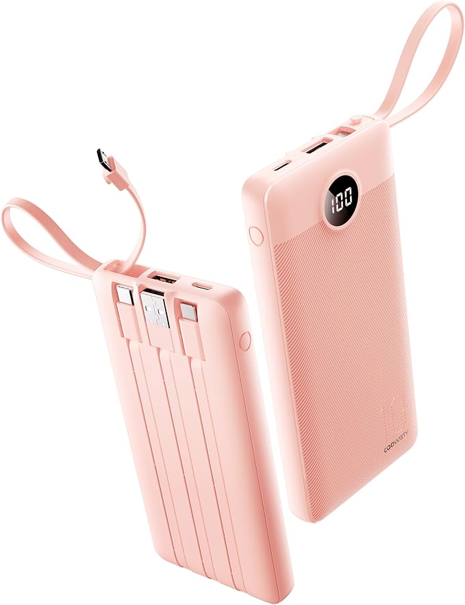 Portable Phone Charger, Slim 10000mAh Travel Essentials Power Bank with Cords Wires, Battery Pack 5 Outputs 2 Inputs LED Display Compatible with iPhone/Android & More (Pink) by KeepYourLifeCharged%EF%BC%81