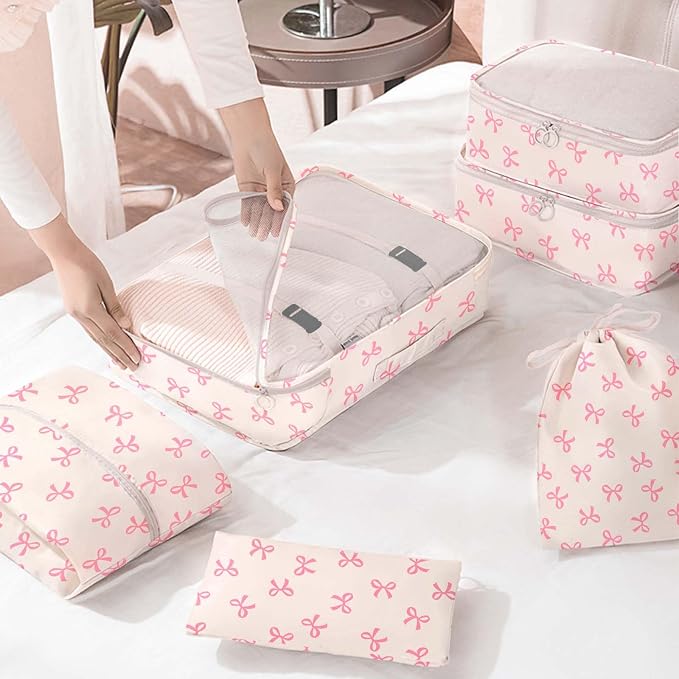 KPX 8 Set Packing Cubes for Travel, Luggage Packing Organizers Accessories Large Toiletries Bag for Clothes Shoes Cosmetics (8Set-Pink Bow) - Image 6