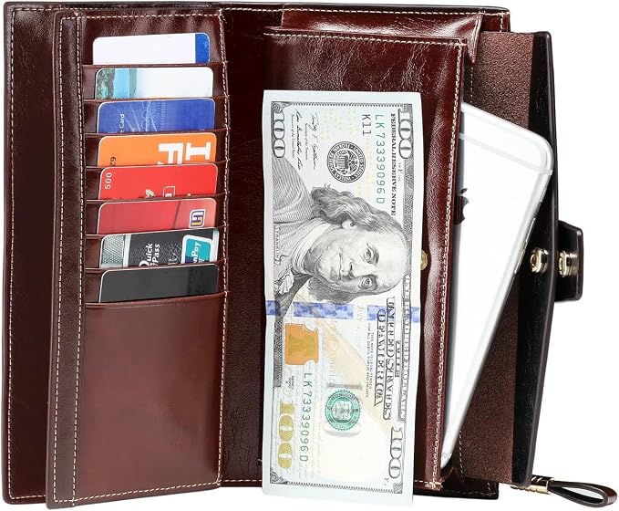 Itslife Womens Wallet RFID Blocking Large Capacity Luxury Wax Genuine Leather Wallets Clutch Wallet Ladies Card holder, Coffee - Image 6
