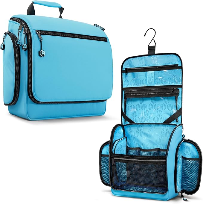 VENTURE 4TH Hanging Travel Toiletry Bag 18 Compartments - Tiffany Blue | Hangs on rails, hooks or doors; stands upright. Removable TSA pouch. Water-resistant Nylon 290D Twill, reinforced stitching. by VENTURE4TH
