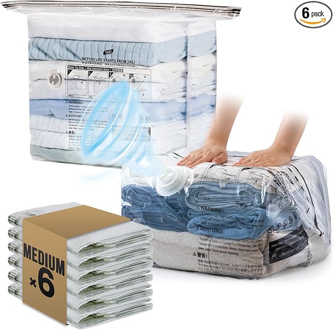 TAILI 6 Pack Cube Vacuum Storage Bags, Medium Size (25x19x11 inch), Clear | Vacuum Seal Bags for Clothing, No Pump Compression Packing Cube for Blanket, Baby Clothes, Space Saver for Home Storage by TAILI