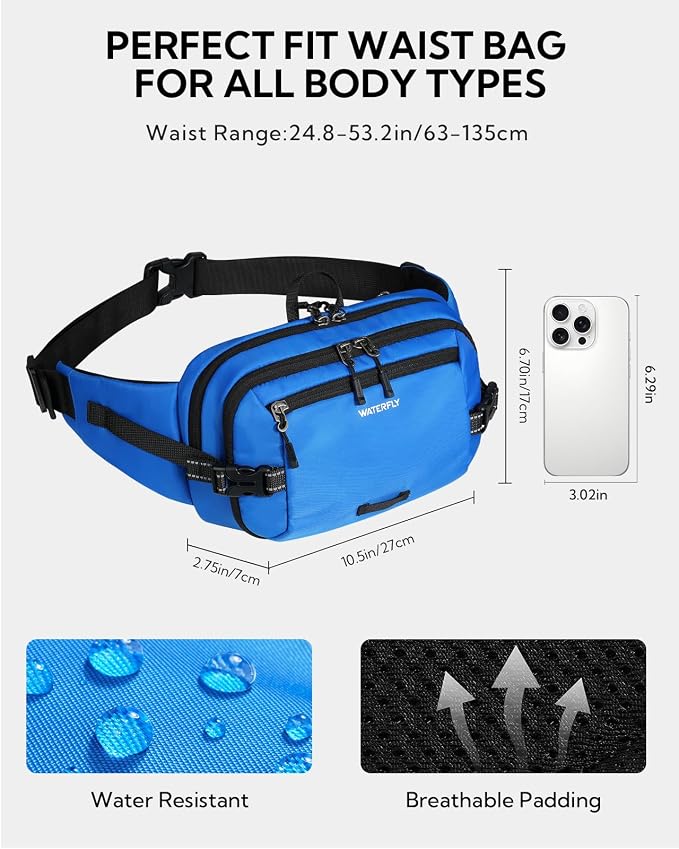 WATERFLY Fanny Pack Waist Bag: 3L Large RFID Anti-Theft for Travel | 180-Degree Opening Design, 5 Pockets, Nylon, Reflective Webbing, Adjustable Buckles, Hiking Daily Use, Women Men - Image 6