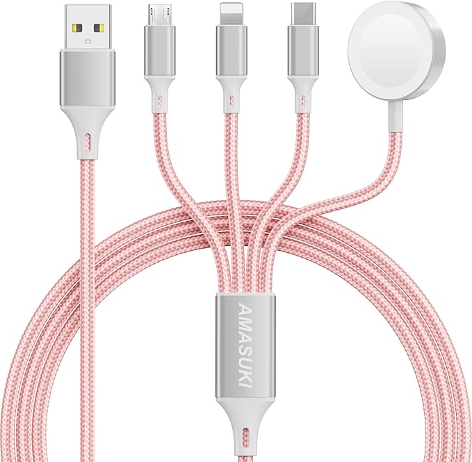Amasuki Travel Essentials,4 in 1 for Apple Watch Charger/iPhone Charger/Multi Charging Cable,Vacation RV Camping Essentials,USB C/L/Micro Portable Charger for iWatch 11-1/iPhone 17-12,Car&Gift-Pink by ChargeBeyondPowerWithin