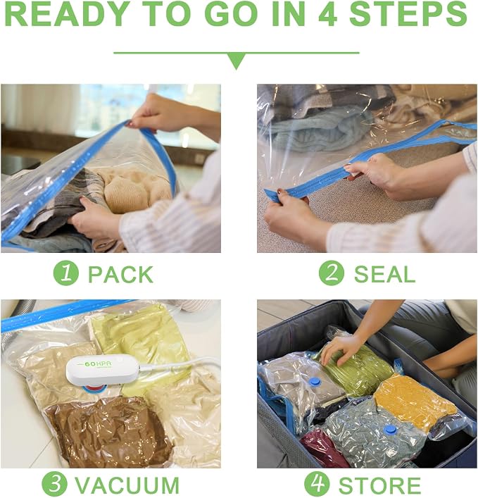 15 Pack Vacuum Seal Bags for Clothing Travel with -60000Pa USB Pump, Save 80% of Space for Clothes (15 Combo) - Image 8