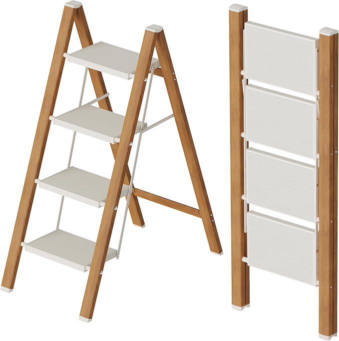 Mayi Plus 4 Step Stool Foldable, Aluminum, Lightweight Step Ladder | Extra-wide anti-slip folding steps with 330 lbs, for home,kitchen,office,outdoor,White & Woodgrain. by MAYIPLUS