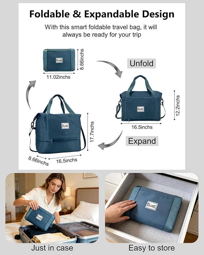 Foldable Travel Duffel Bag for Women, Peacock Blue | 40L Expandable Water-Resistant Carry on Bag, Personal Item Travel Bag Flight Approved with Wet Pocket for Gym Travel, Nylon - Image 5
