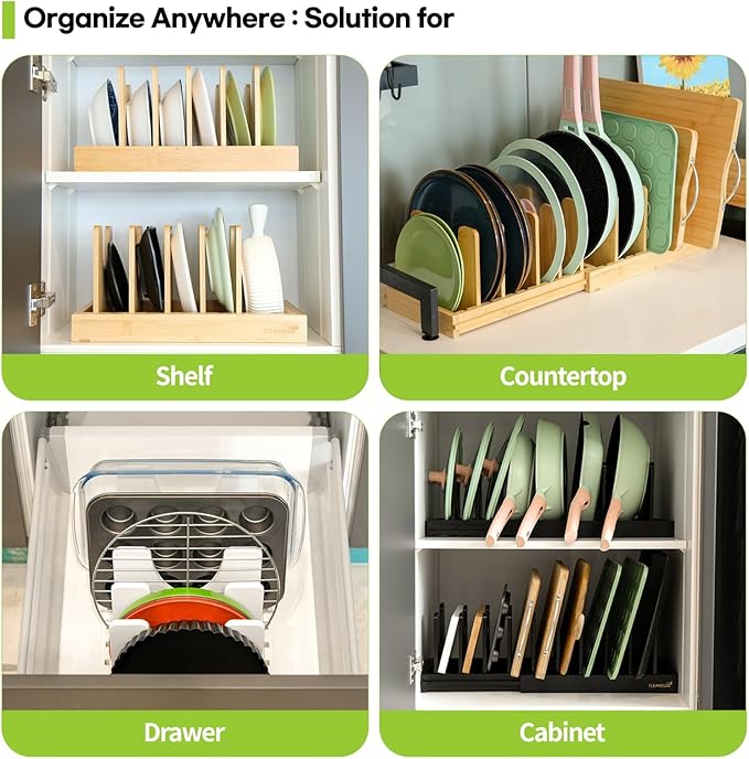 Pots and Pans Organizer under Cabinet Expandable Bamboo Pot Lid Holder Rack | Adjustable bakeware organizer, cutting board organizer, cookie sheet, baking pan, tray organizer for kitchen cabinet storage - Image 4