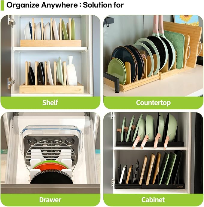 Pots and Pans Organizer under Cabinet Expandable Bamboo Pot Lid Holder Rack | Adjustable bakeware organizer, cutting board organizer, cookie sheet, baking pan, tray organizer for kitchen cabinet storage - Image 4