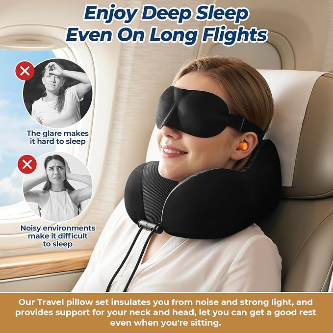 ExploreBliss Travel Pillow, Memory Foam Neck Pillow Airplane, Black | Travel Pillows for Airplanes, Neck Pillow Airplane, Memory Foam Neck Pillow Set with Eye Mask, Earplugs - Image 5