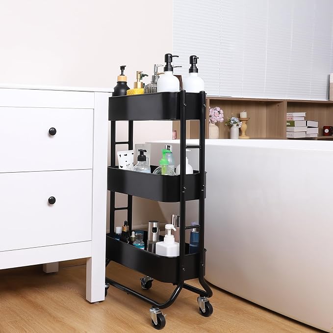 MAX Houser Slim 3-Tier Rolling Utility Cart with Extra Hook, Black | Narrow Metal Bathroom Storage Multifunctional Organizer Carts with Wheels with Extra Hook, Laundry Room,Kitchen,Small Space - Image 6