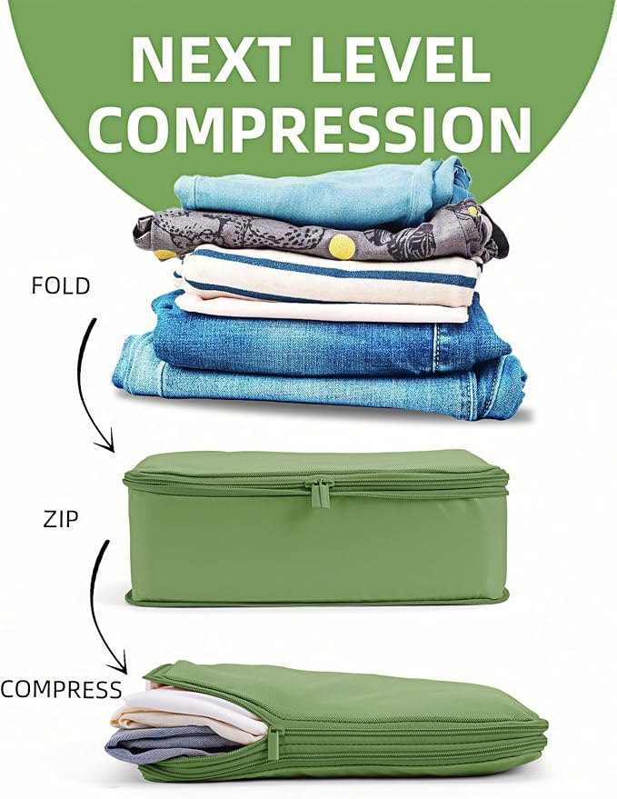 6 Set Compression Packing Cubes for 7–14 Day Travel, Forest Green | Nylon Oxford Fabric, Full Breathable Mesh, Reinforced Double-Zipper, Small to Large Size Bag, Expandable Packing System - Image 2