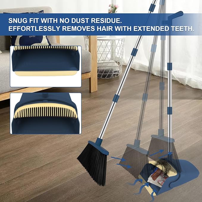 Broom and Dustpan Set, 51" Long Handle Broom with Mini Set Navy Blue | Mini Set for Tables, Kitchens & Tight Spaces, Built-in Comb Dustpan, Foldable Space-Saving Storage, Multi-Surface Use - Image 6