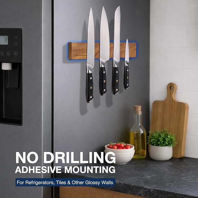 Magnetic Knife Holder for Wall 12”, Acacia Wood, No Drill, Fridge | Strong Dual-Row Magnet Holds 6 Knives & Heavy Cleavers, 3M Adhesive Tape & Screw Mount, Kitchen Knife & Utensil Organizer - Image 3