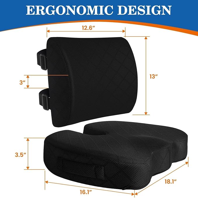 Back&Seat Cushion,Chair Cushions,Lumbar Back Support Pillow,Black/X-Large | Breathable Memory Foam Back Support Pillow, Portable Airplane Seat Cushion for Travel, Computer Desk, Wheelchair, Driving - Image 2
