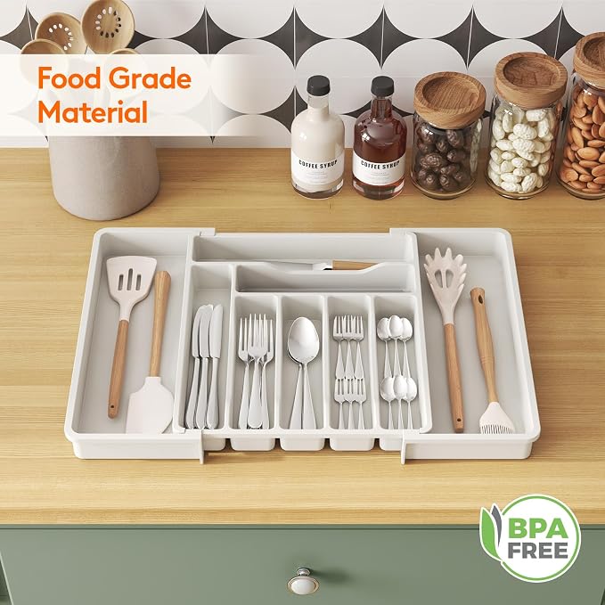 Lifewit Expandable Silverware Drawer Organizer, Kitchen Utensil Tray | BPA-free Plastic Flatware Cutlery Holder, Space-Saving Storage for Spoons Forks Knives, 13-22.4 x 15“, White - Image 9