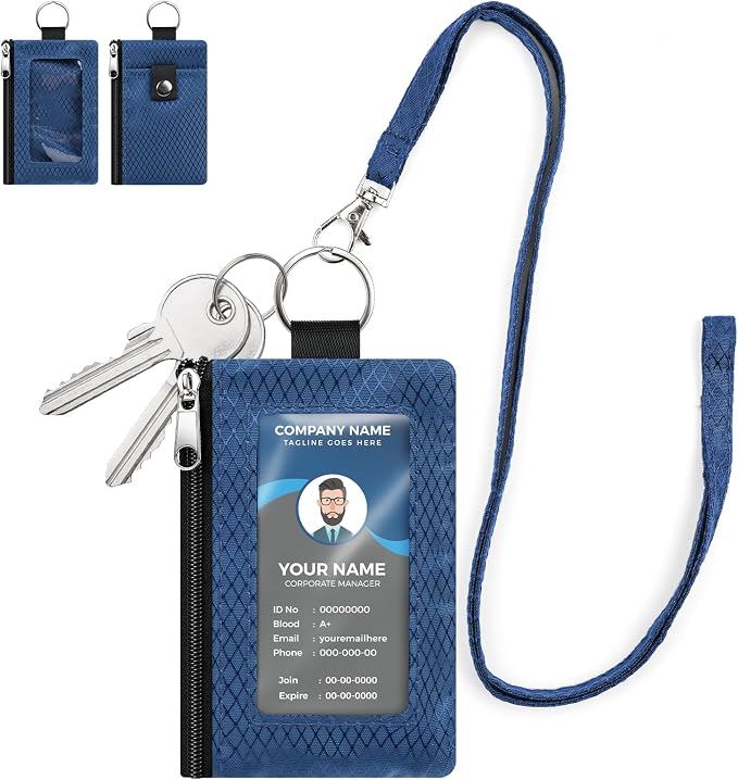 RFID Blocking Lanyard Wallet with ID Window Zipper Pouch Blue 1pc | Slim, Small, Keychain Wallet, Traval Neck Wallet, Badge Holder, for Cards Cash Coins by SIDESUGAR
