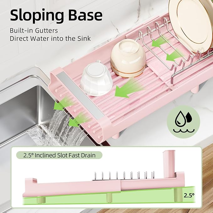 TOOLF Small Dish Drying Rack, Expandable and Space-Saving, Pink | Mini Dish racks for kitchen counter, Compact Design Fits Sink or Counter, Stainless Steel Plate Rack, 11"-19.3"L×7.7"W×3.54"H - Image 5