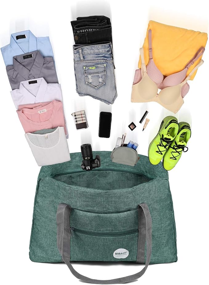 WANDF Foldable Travel Duffel Bag Luggage Sports Gym Water Resistant Nylon (B- Denim Green) | 18x14x8 inches, Airline Underseat Aprroved, Weekend Overnight Trips, Lightweight Packable - Image 7