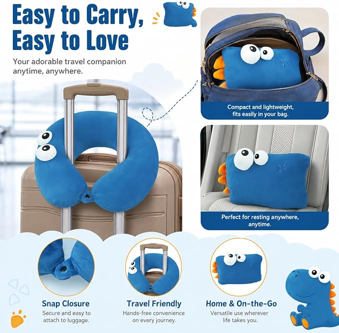 Travel Pillow for Kids & Adults Car Neck Pillow Memory Cotton U-Shaped Neck Pillow Soft Head Support Travel Accessories for Airplane Car Train Bus (Dinosaur) - Image 6
