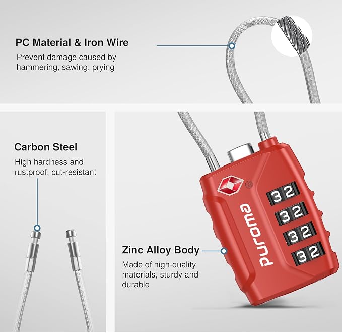Puroma 2 Pack TSA Approved Luggage Locks 4 Digit Code Cable Lock Red | Resettable, Flexible Cable, Zipper holes, Zinc Alloy, Bright Color, Large White Numbers, Suitcase Train Travel, laptop bag - Image 5