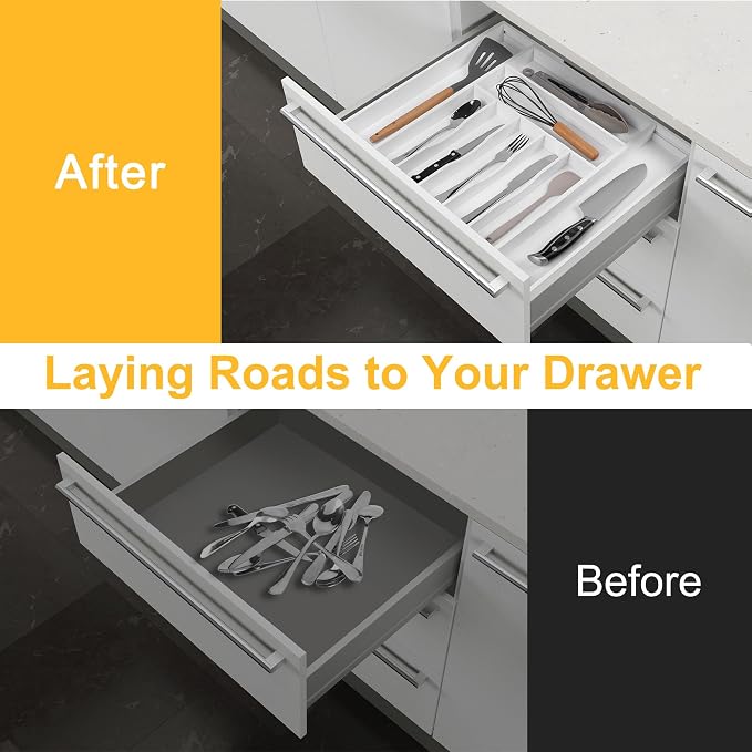 Large Premium Bamboo Silverware Organizer - Expandable Drawer Organizer & Utensil Organizer - 17"x19.7" Cutlery Tray with Dividers for Kitchen Utensils and Flatware (7-9 Slots) (White) - Image 4