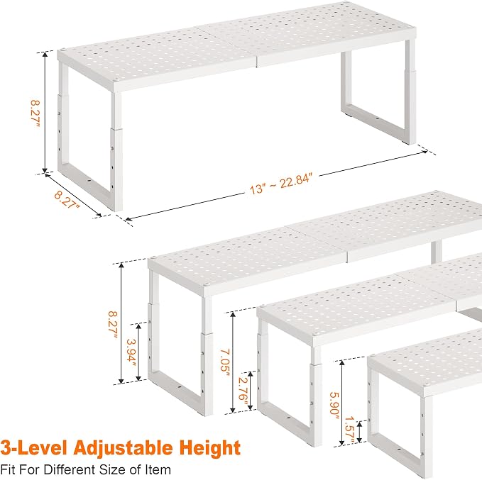 Shelf Organizer Riser For Cabinet Pantry Kitchen Countertop Cupbaord Closet | Expandable Width, Adjustable Height, Stackable As 2-Tier Shelf Rack, Snap-Button: Easily Adjust Height, Heavy Duty Metal - Image 5