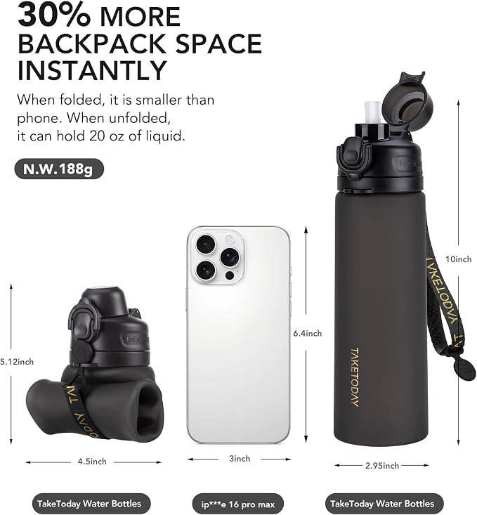 TakeToday Collapsible Water Bottles 21oz (600mL), Foldable Platinum Silicone Travel Water Bottle with Straw & Carry Strap, Leak-Resistant Screw Lid, Wide Mouth, BPA-Free for Hiking, Camping, Travel - Image 2