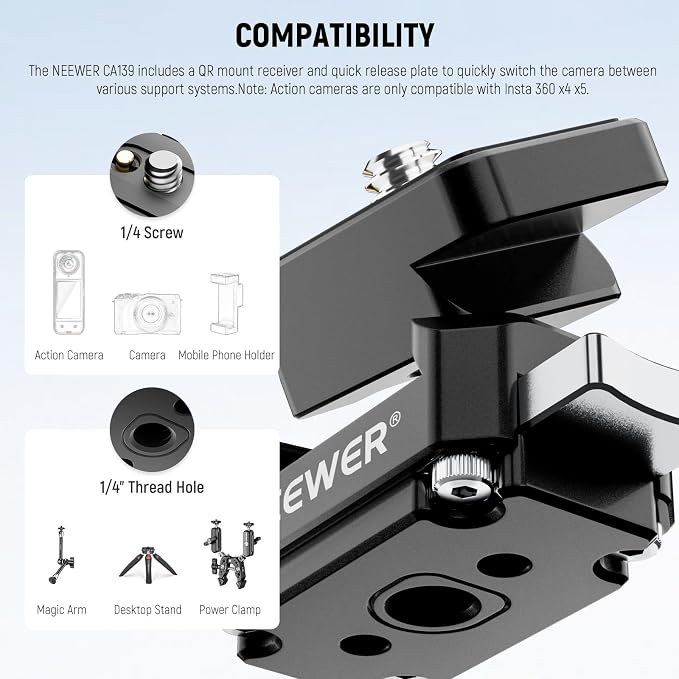 NEEWER Action Camera Quick Release Plate Compatible with Insta 360 x4 x5, Aluminum Tripod Mount QR Adapter Accessories Kit with 1/4" Thread Hole for Filmmaking Video Recording, CA139 - Image 3
