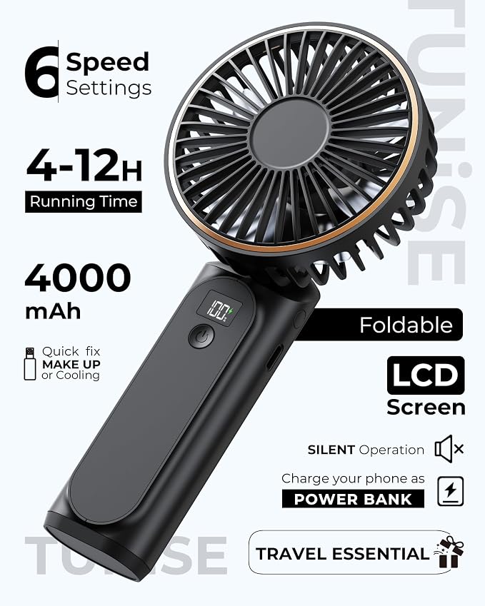 TUNISE Portable Handheld Fan, Portable Fan Rechargeable, 4000mAh, 180° Adjustable, 6 Speed Wind, Display Electricity in Real Time, USB Rechargeable Foldable F an, Quiet Personal Fan as Power Bank - Image 2
