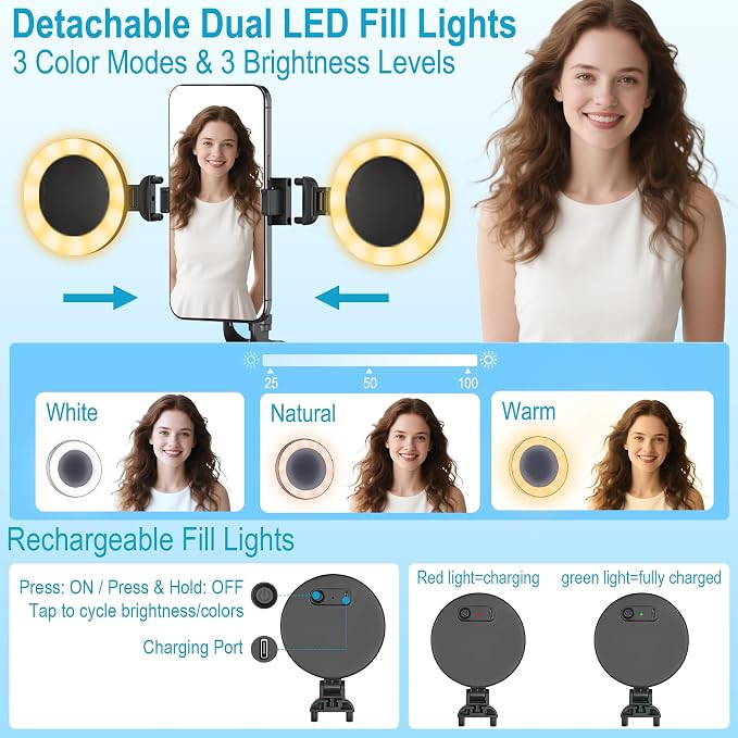 71" Content Creator Essentials Vlogging Kit - 2 Lights & 2 Mics | 360° Rotating Auto Face Tracking Tripod for iPhone/Android/Camera with Wireless Remote, No App for Vlog, Live, Video Record - Image 5