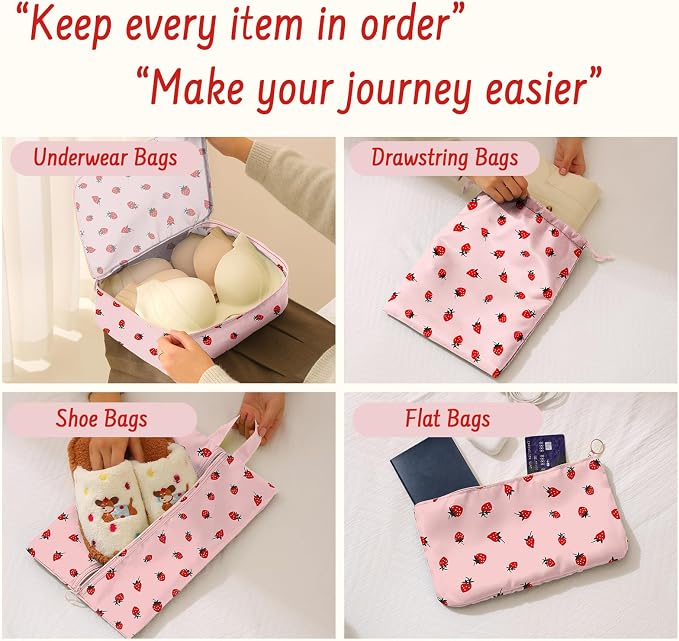 9 Set Packing Cubes for Travel Essentials - Lightweight Carry-On Luggage Organizer Bags with Shoe, Clothes & Laundry Bags for Airplane, Family & Business Travel, Pink strawberry - Image 5