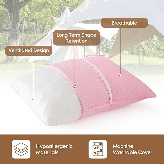 Small Shredded Memory Foam Pillow, Camping Pillow Travel Pillow - Compressible Medium Firm, Breathable Cover, Ideal Backpacking Hiking, Airplane and Car (Apricot Pink, M) - Image 2