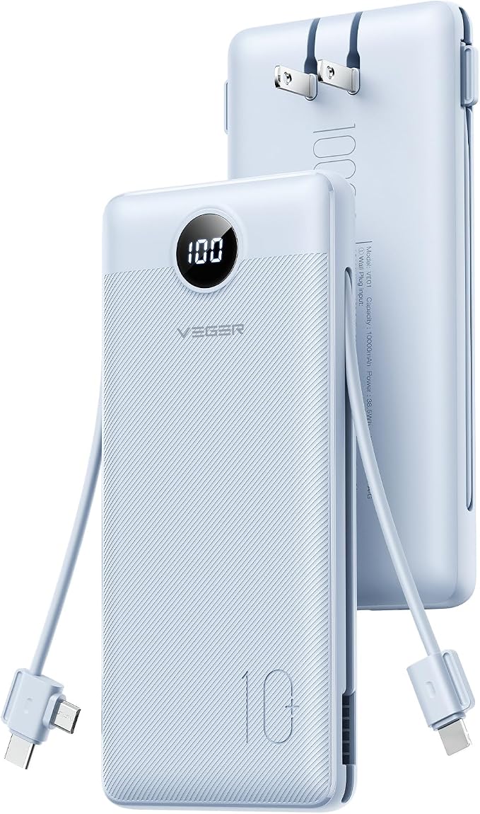 VEGER Portable Charger, 10000mAh Power Bank Built in Wall Plug and Cables | Ultra Slim&Compact, Charge 5 Devices at Once, Flight-Safe, Travel Essentials Battery Pack for iPhone 17, iPad, Samsung, etc by VEGER