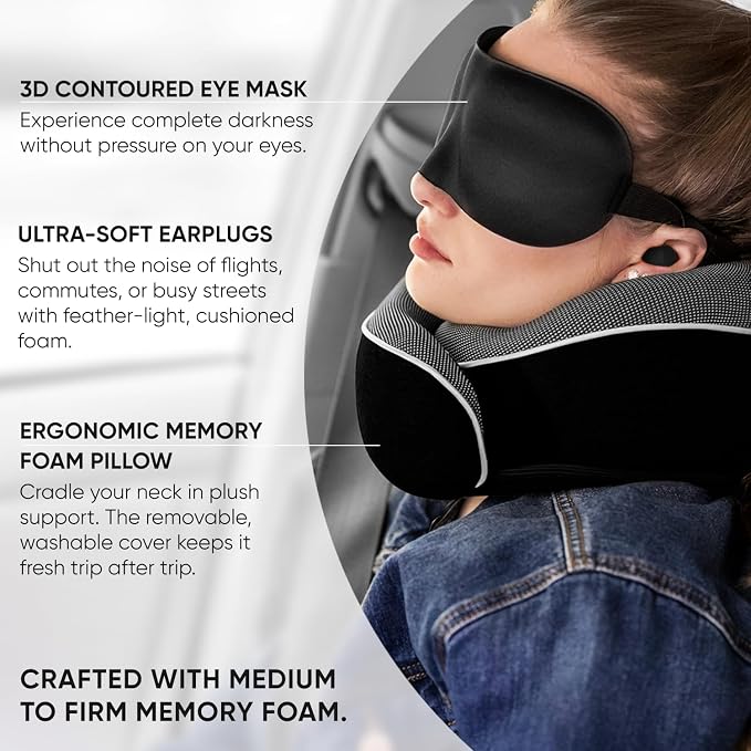 Airplane Pillow, Orthopedic Memory Foam Travel Neck Pillow, Black | 360 Head Support Sleep Set with 3D Contoured Eye Masks, Earplugs and Luxury Mesh Bag, Car and Long Flight Essentials - Image 4