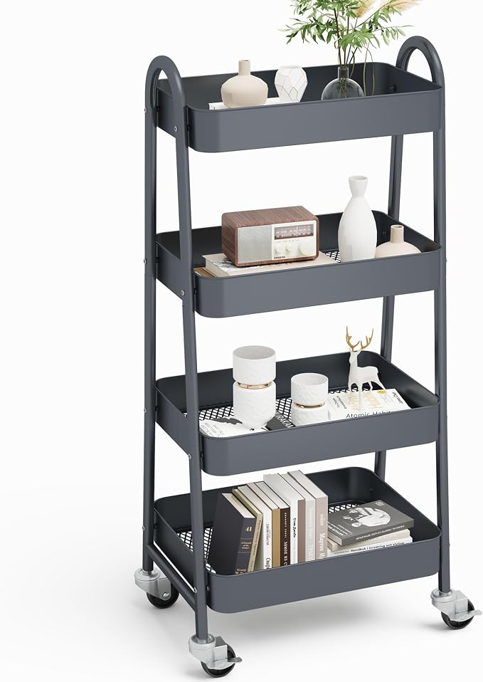 NEWBULIG 4-Shelf Metal Rolling Storage Utility Cart with Lockable Wheels | Mobile Organizer Shelf, Space-Saving, Freestanding, Bathroom, Living Room, Slim, Narrow Corner Spaces, Grey by NEWBULIG